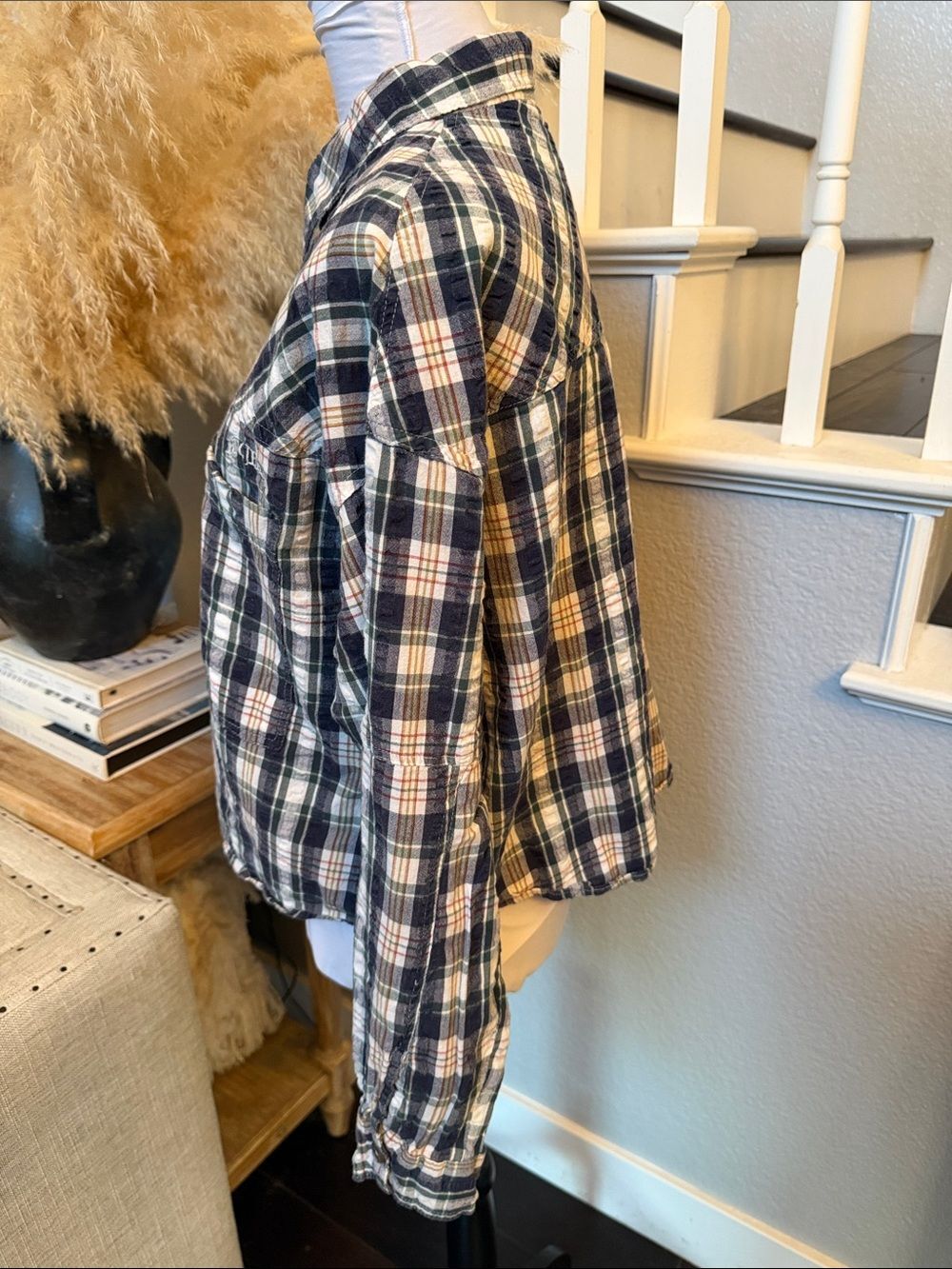 BDG by Urban Outfitters Addison Check Button-Up Plaid Cotton Shirt Blue Size M - Picture 5 of 8
